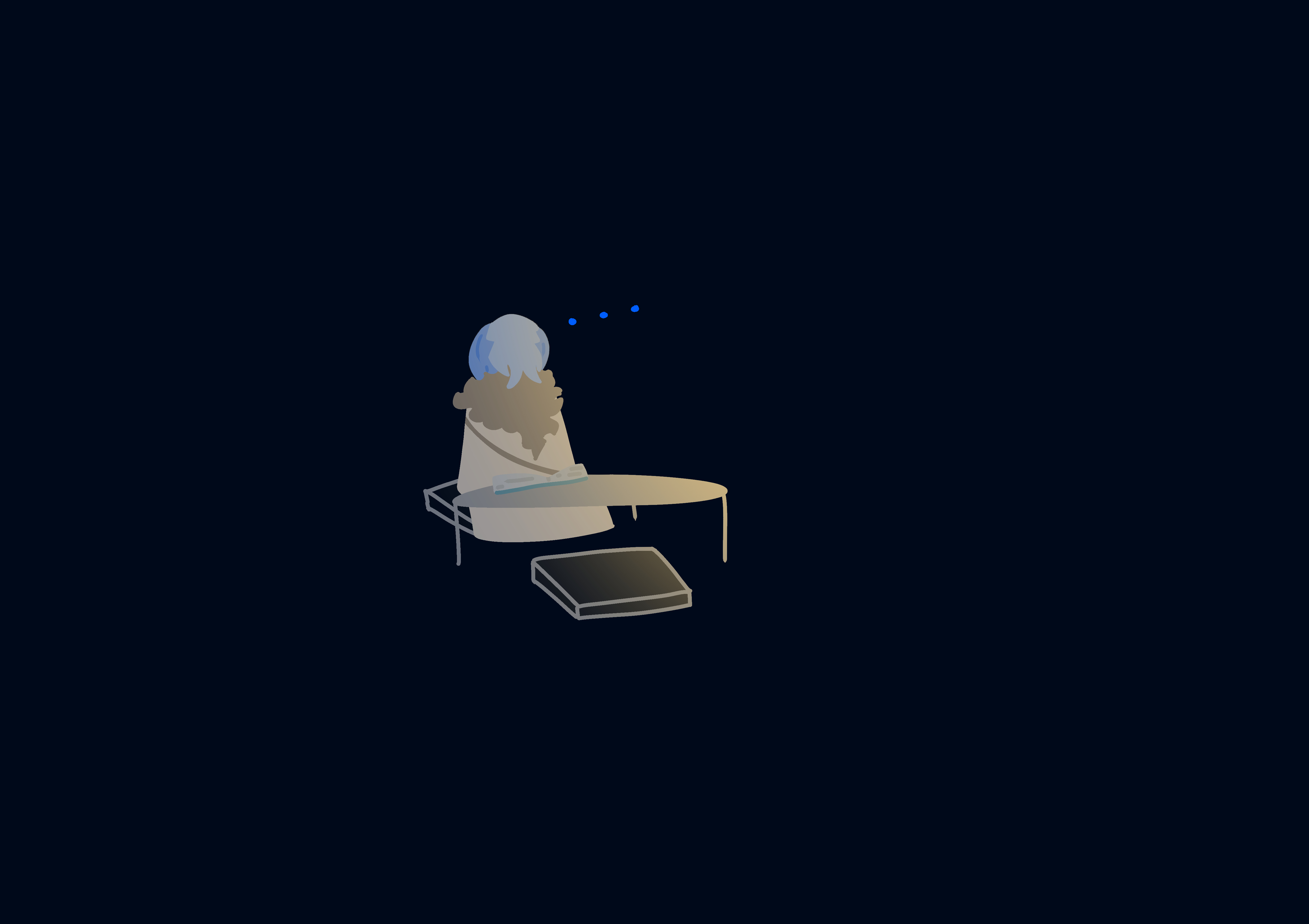 The blue, tan-cloaked figure sits alone at the table.
